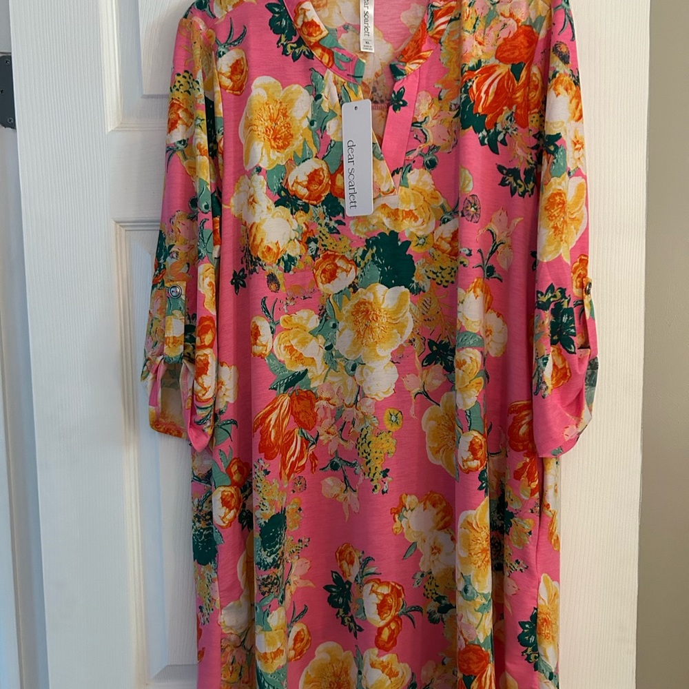 Dear Scarlett Pink Floral Sundress with Cuffed Sleeves and V-Neck